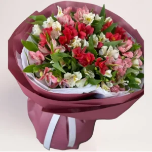 Авторский букет с альстромерией в красно-розовых и белых оттенках в бордовой упаковке, Алматы